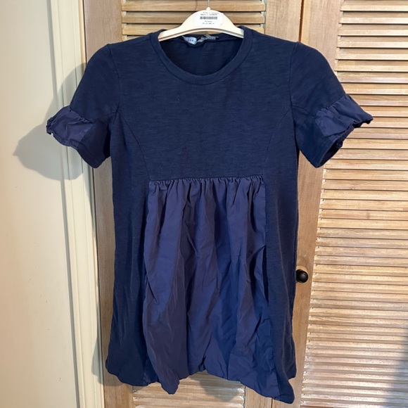 Size small used condition MIXED MEDIA SHORT-SLEEVE MINI DRESS navy with pockets - Picture 2 of 3